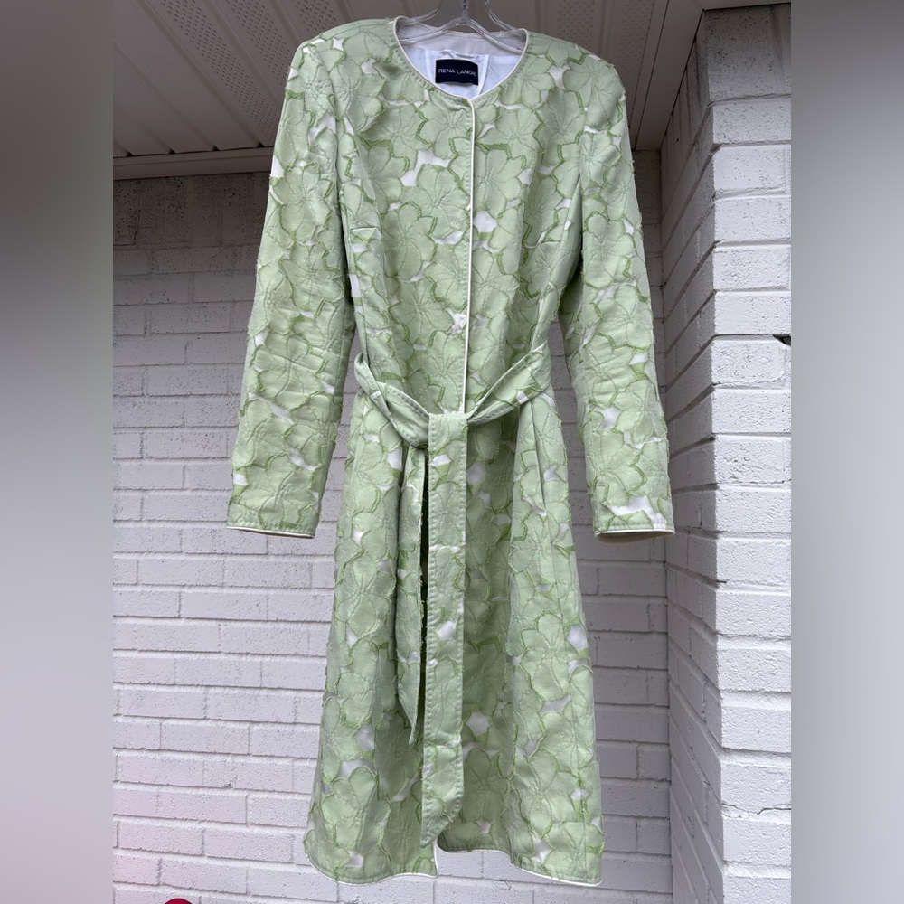 Rena Lange green floral belted coat trench